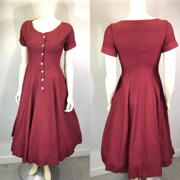 Vintage Dresses & Skirts - 1940s Cotton Party Day Dress Pinup wine sharkskin